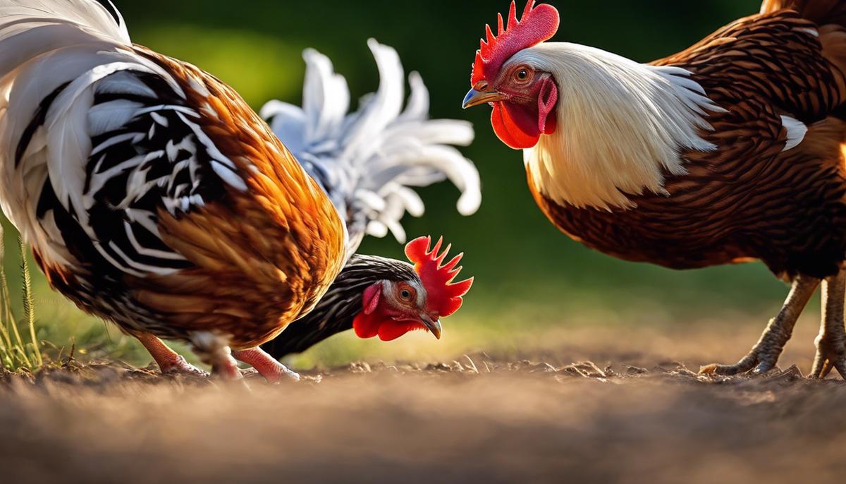 Image of chickens displaying various behaviors, including puffing out their feathers, pecking the ground, and flapping their wings.