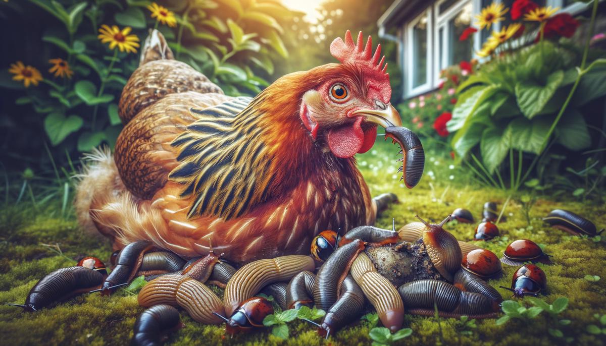 A chicken eating slugs and beetles in a garden setting