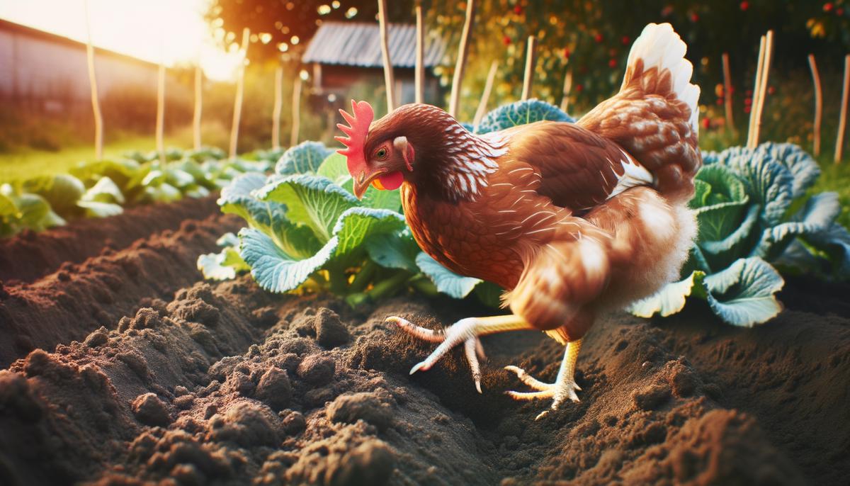 A chicken scratching and aerating garden soil near a vegetable patch