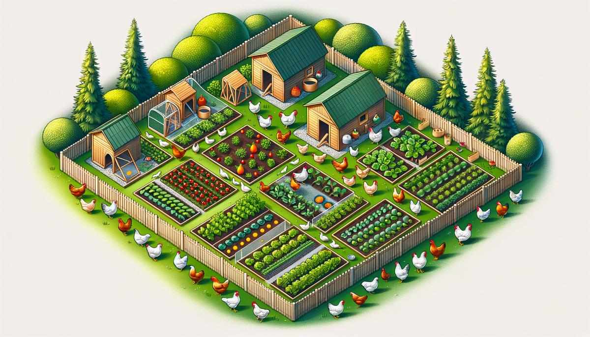 An aerial view of a garden layout incorporating chicken coops, vegetable plots, and fenced areas