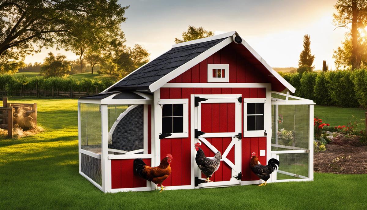 A chicken coop in a backyard with happy chickens roaming around.