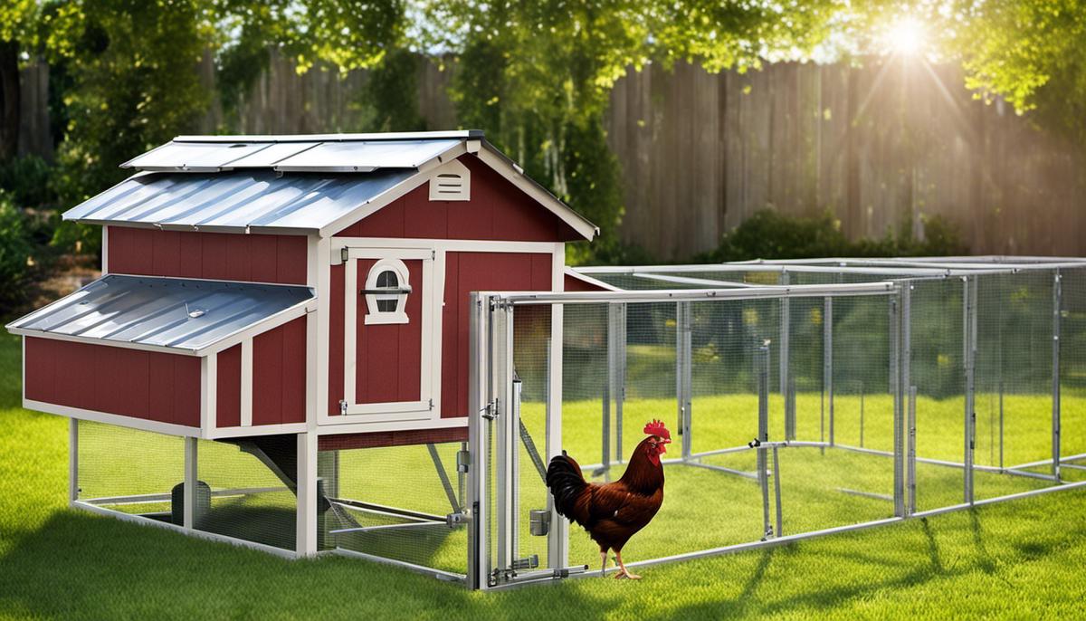 A diagram showing a secure chicken coop with fencing and protective features such as locks, latches, barred windows, and a motion-detecting light. The diagram also shows the recommended elevated position of the coop and the use of durable materials.