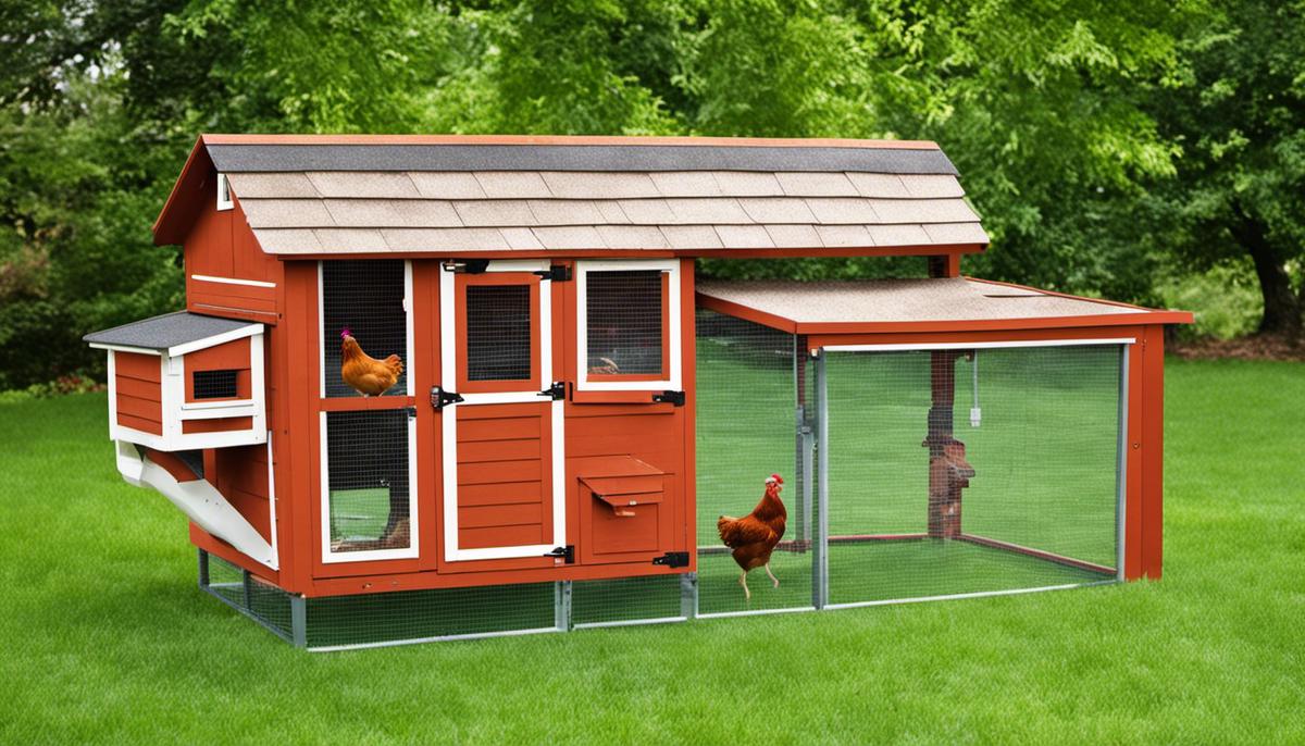 A chicken coop with multiple sections, ventilation windows, and nesting boxes, surrounded by green grass.