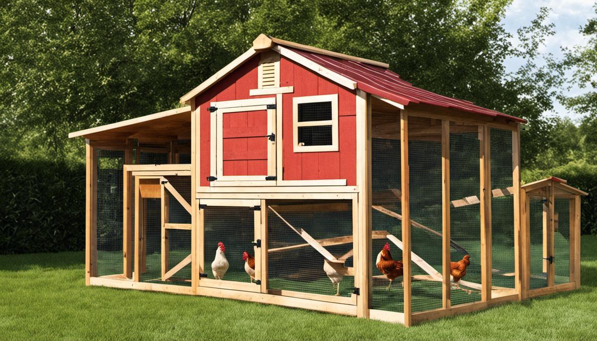 A photo of a chicken coop with ample space, ventilation, and nesting boxes, providing a suitable environment for chickens.