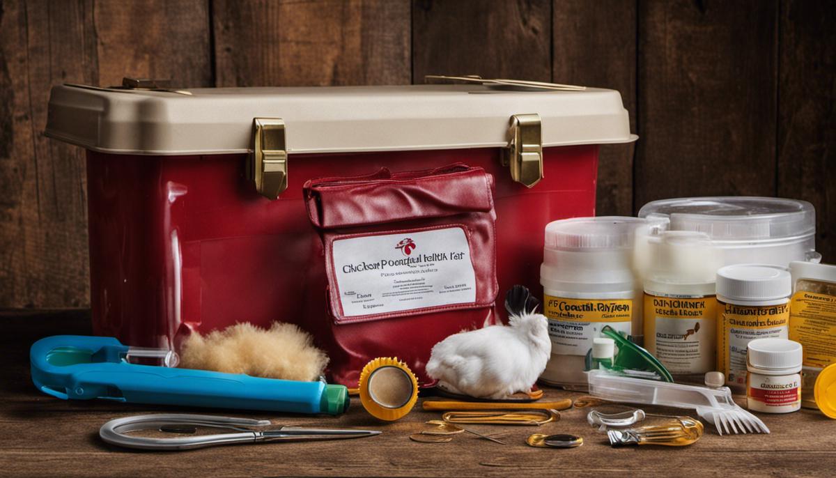 A picture of a chicken health care kit with various essential tools needed for caring for chickens.