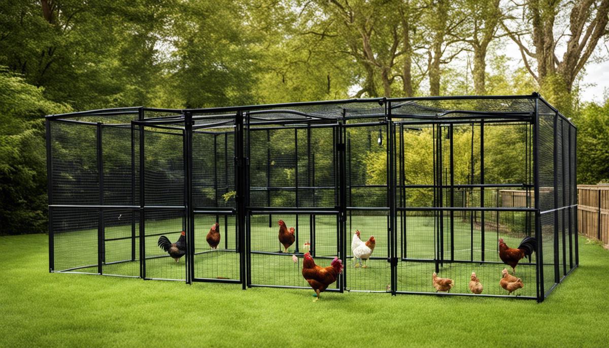 A chicken run with sturdy fences and locks, protecting the chickens from predators.