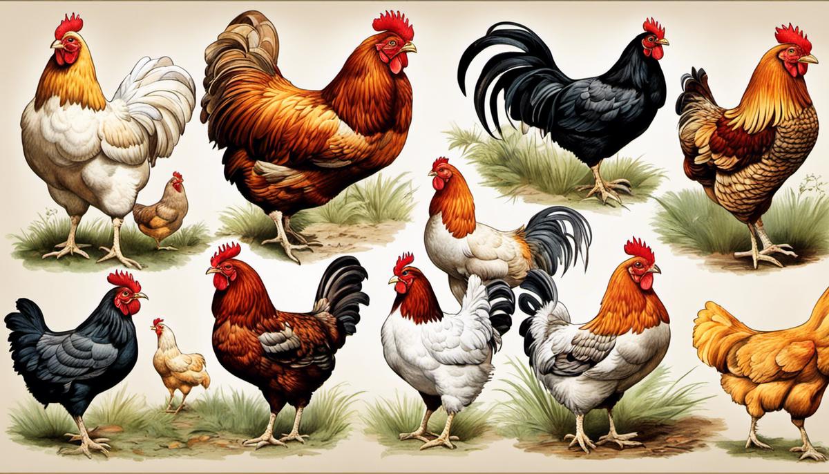 Illustration of various chicken breeds.