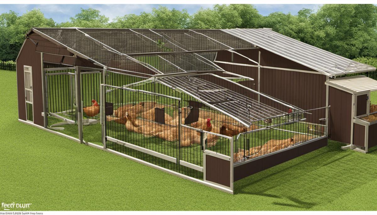 A diagram showing the design considerations for a chicken run, including sizing, safety measures, coop and run area layout, access points for feed and water, cleaning and egg collection methods, and the importance of making changes as needed.