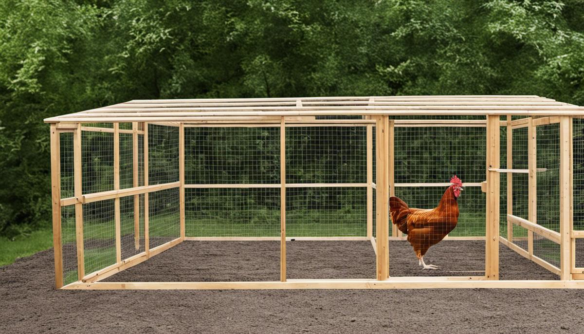 A step-by-step guide on how to construct a chicken run, with images depicting each stage of the process.