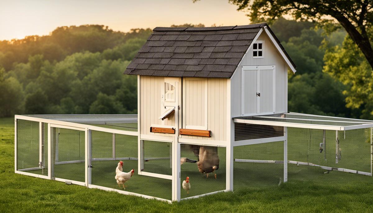 Image of a clean and neat chicken coop with no flies around, creating a serene environment for the chickens.