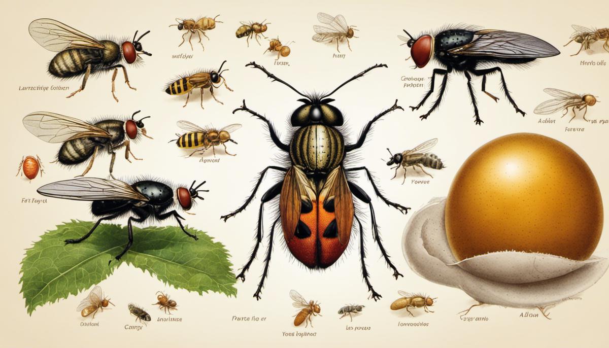 Illustration of a fly life cycle, depicting eggs, larvae, pupae, and adult flies in sequential order.