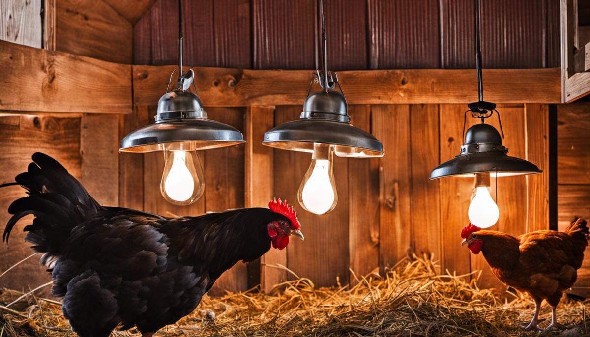 A heat lamp hanging in a chicken coop, providing warmth and comfort for the chickens.