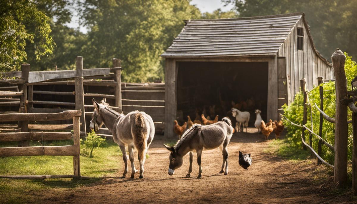 Image of a donkey and dog guarding chickens