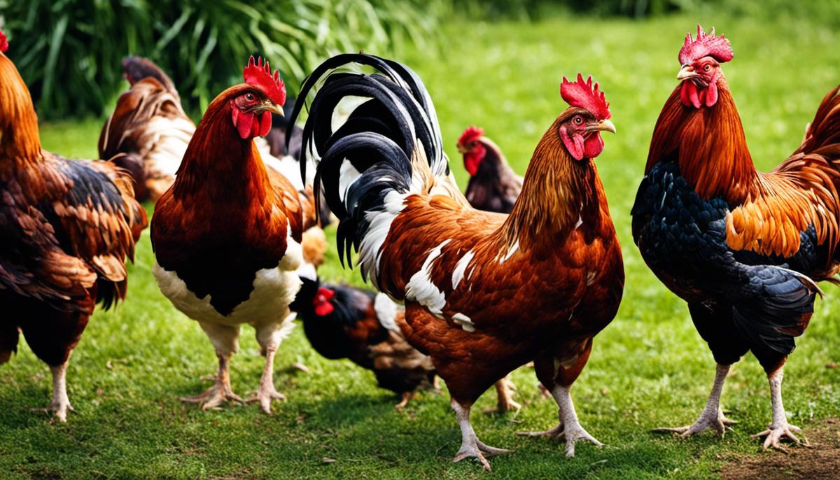 Image depicting hens and roosters in a farm