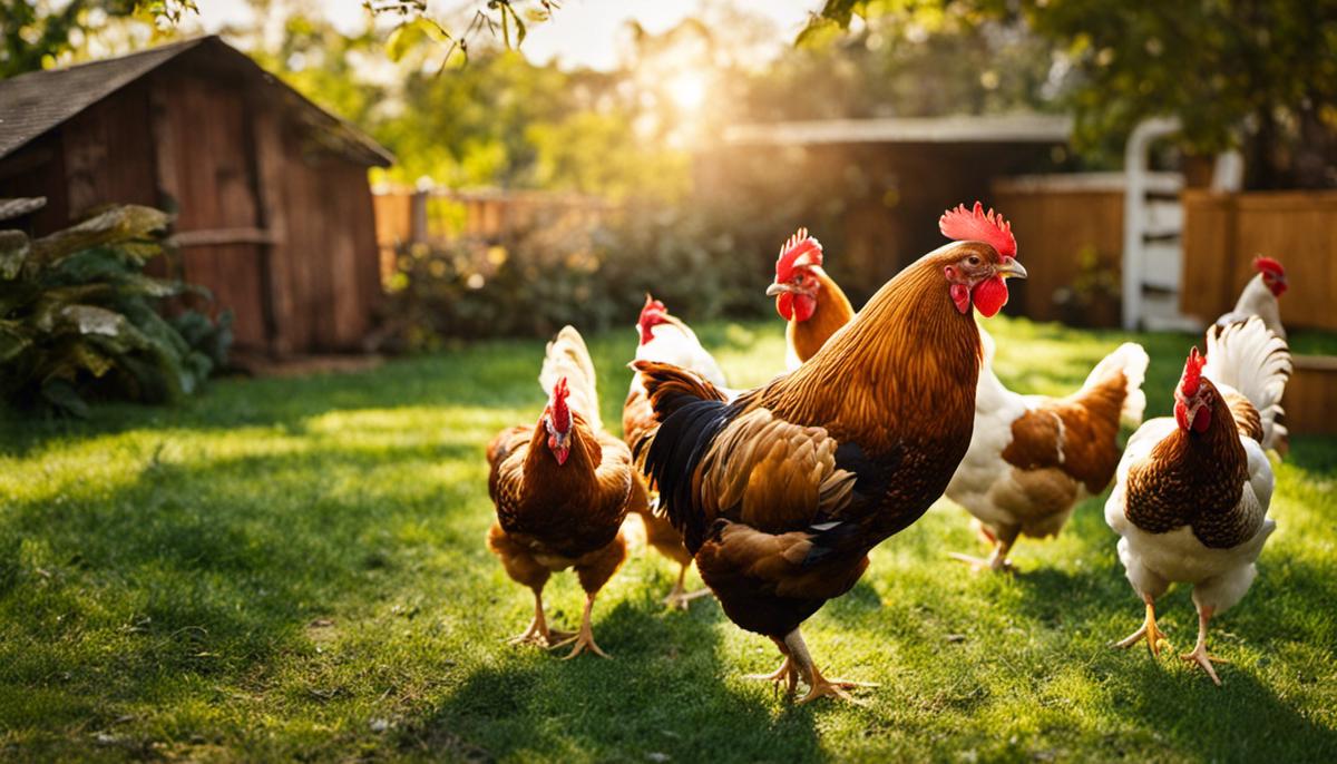 A group of chickens in a backyard, exhibiting natural behavior.