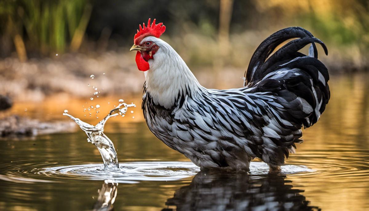 Image of a chicken drinking water from a clean container.